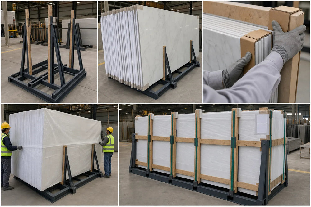 Large-format slabs protected and secured on export packing frames