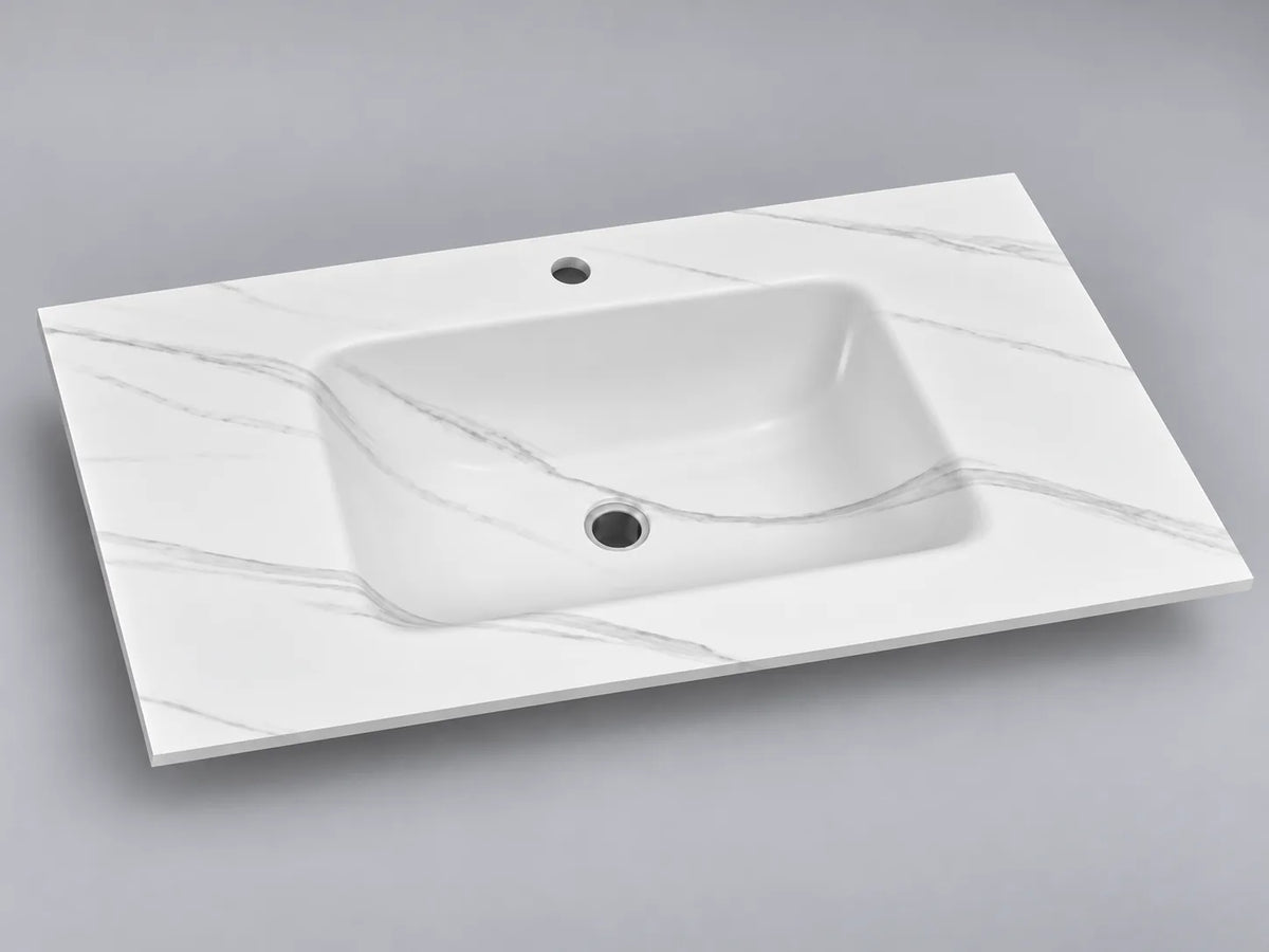 Statuario White matte sintered stone washbasin viewed from the front left