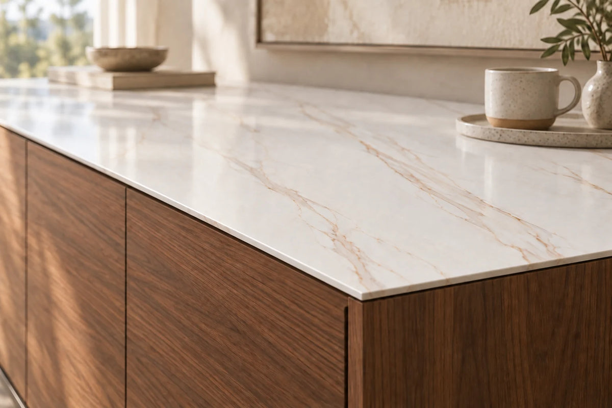 Gadal Fish Maw Gold sintered stone countertop with a slim 12 mm exposed edge