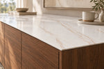 Gadal Fish Maw Gold sintered stone countertop with a slim 12 mm exposed edge