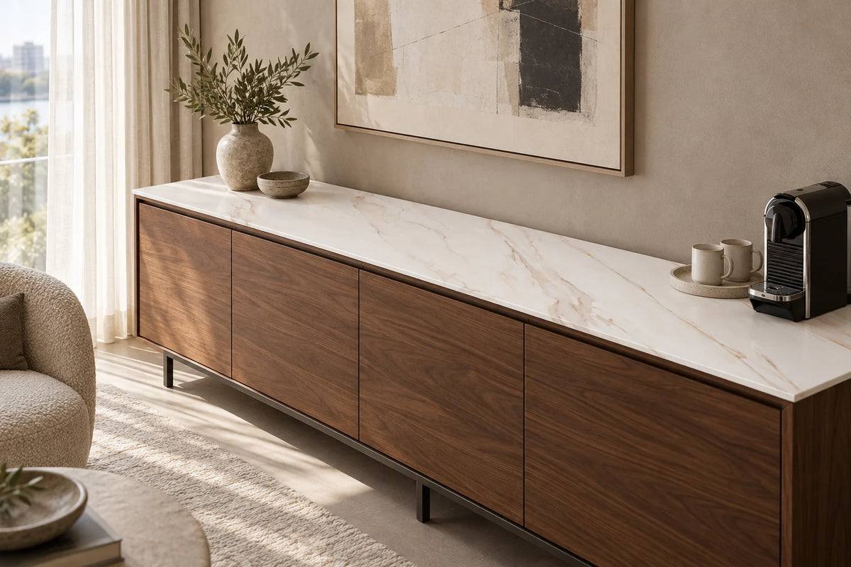 Gadal Fish Maw Gold sintered stone coffee console with fine diagonal gold veins