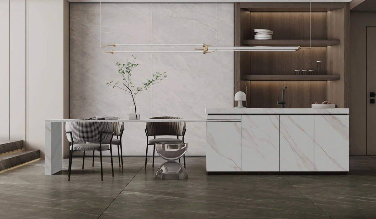 Gadal Fish Maw Gold cabinet fronts and dining table in the catalogue interior