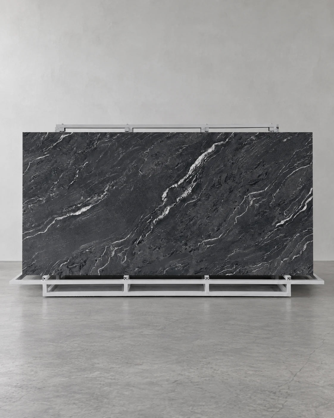 Gucci Black full sintered stone slab on an A-frame with flowing pale diagonal veins