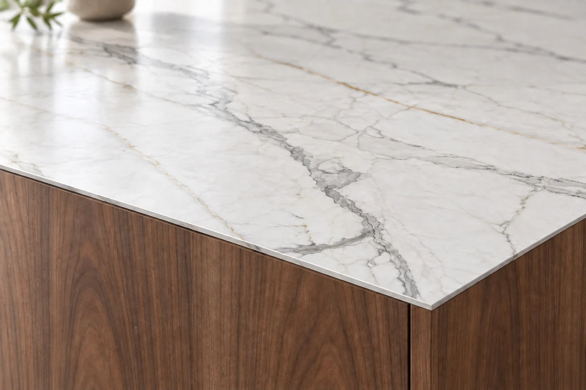 Italy Fish Maw White sintered stone countertop with a slim 12 mm edge over wood cabinetry