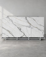 Italy Fish Maw White full slab with grey and fine gold veins on a complete steel A-frame