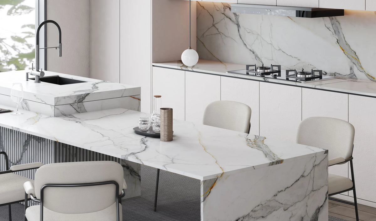 Italy Fish Maw White sintered stone island countertop and splashback in a pale kitchen