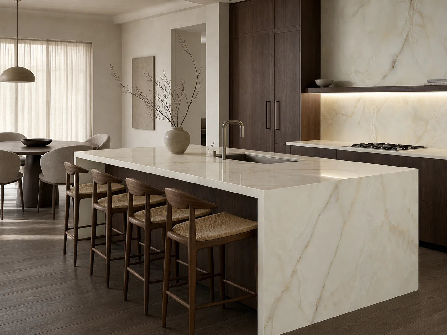 Karado Yellow Jade waterfall island in a quiet-luxury walnut kitchen