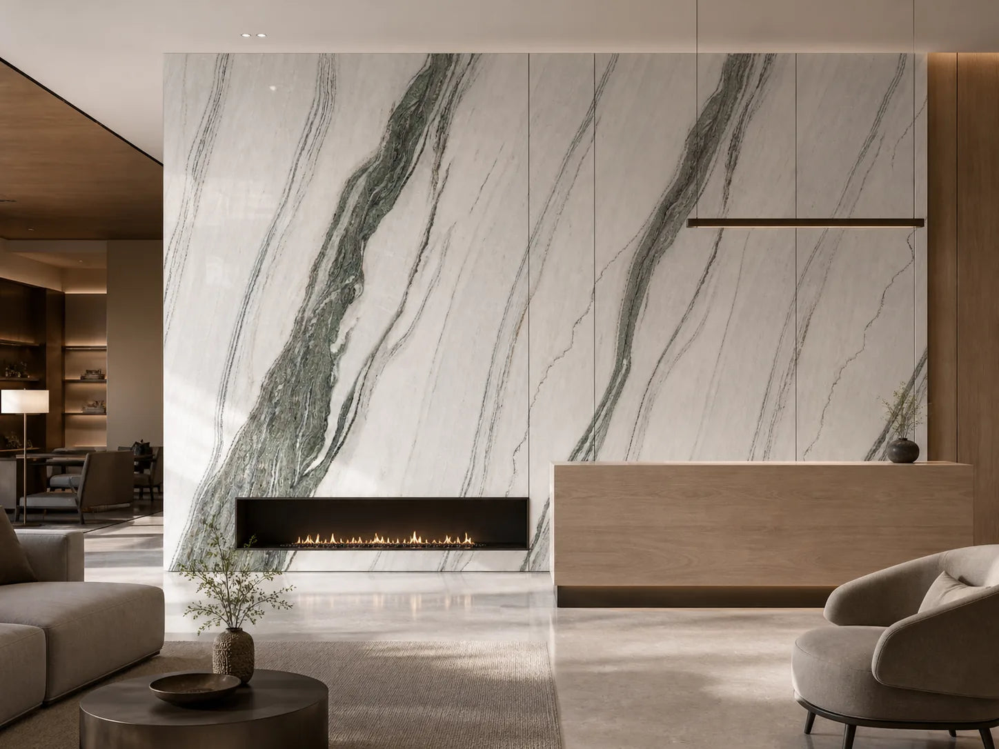 Boutique hotel feature wall clad in Lanshan Songcui pine jade-vein sintered stone