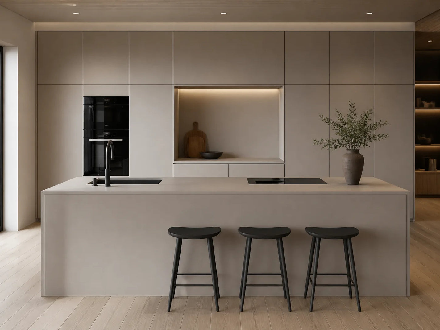 Latte Taupe sintered stone used on a modern kitchen island and wall panels