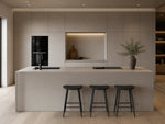 Latte Taupe sintered stone used on a modern kitchen island and wall panels