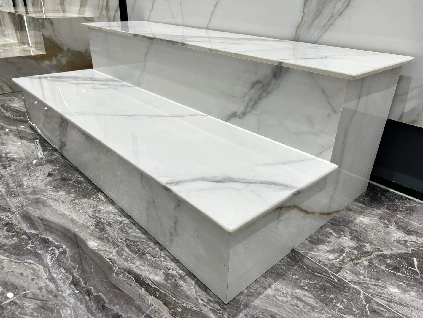Polished Libes white sintered stone fabricated as stair treads and risers