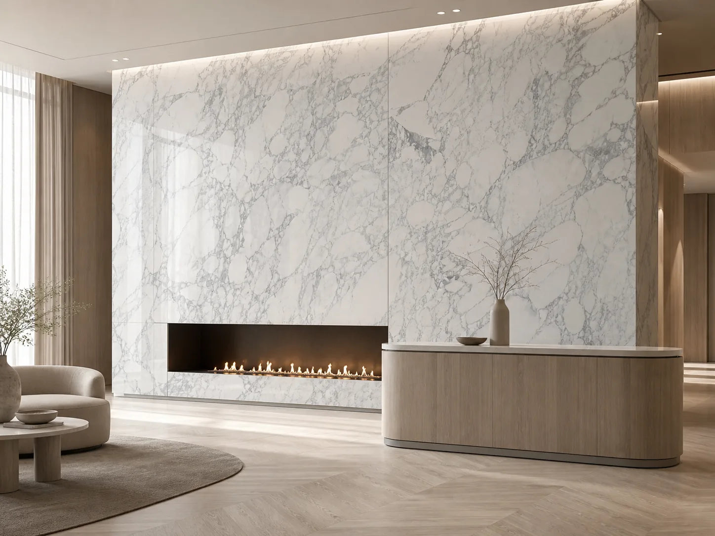 Modern reception wall featuring Libourne white breccia-look sintered stone