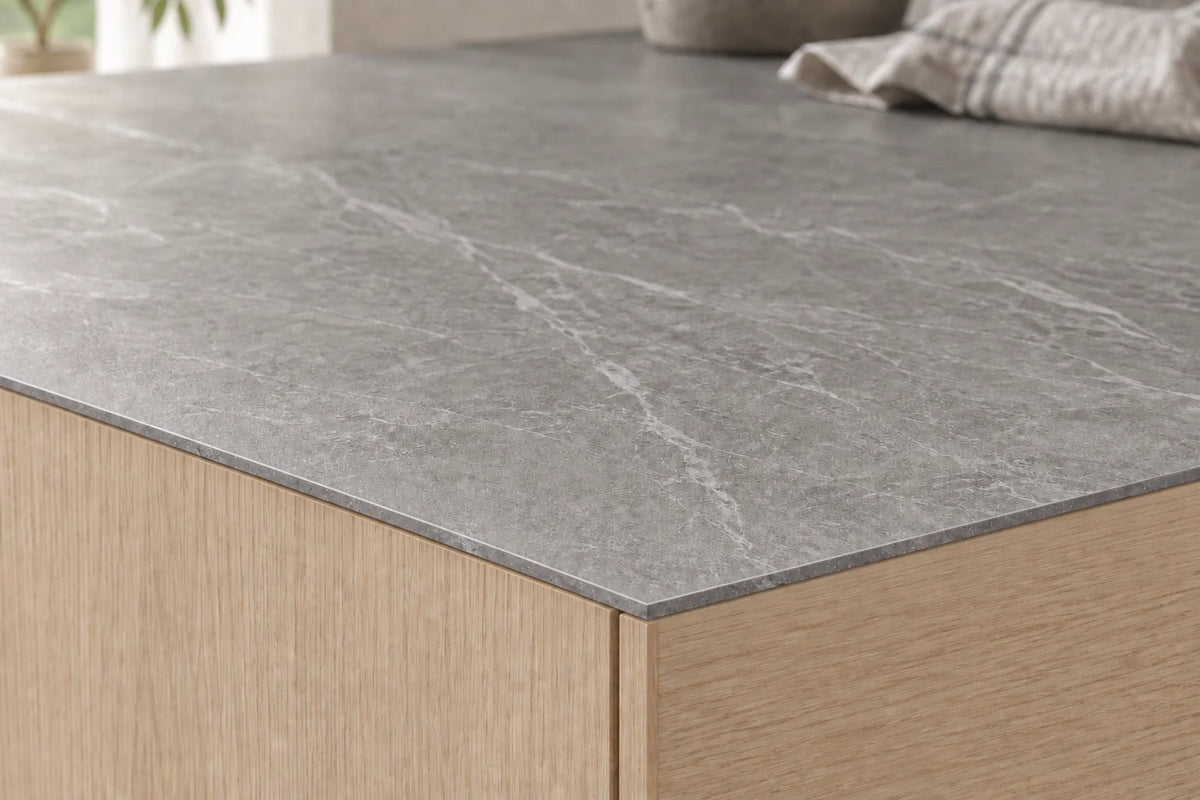 Lightning Grey matte sintered stone countertop showing a slim 12 mm exposed edge