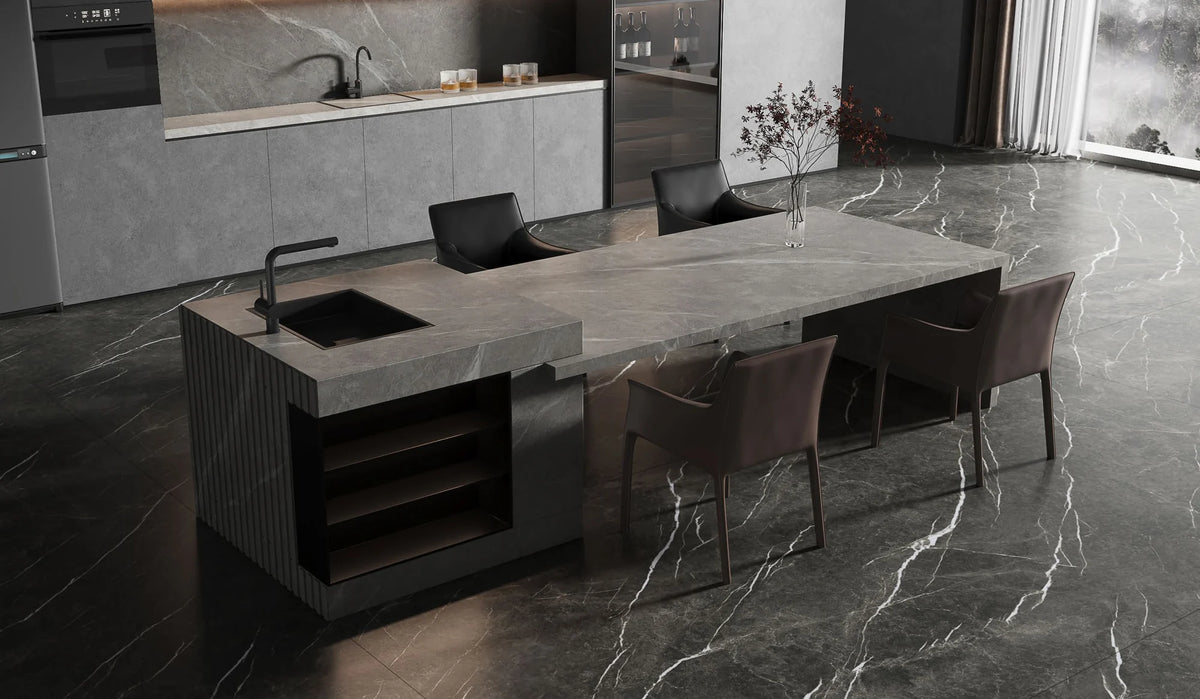 Lightning Grey sintered stone island and table in the catalogue kitchen