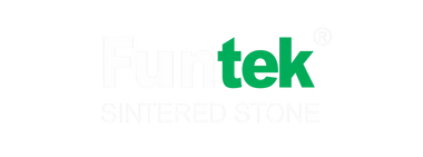 Funtek Sintered Stone logo in white and green on a black background