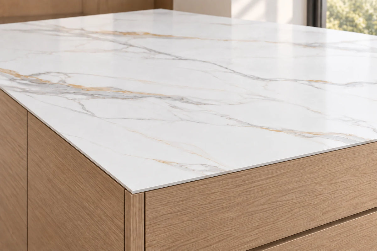 Louiskin sintered stone countertop with a slim 12 mm exposed edge above wood drawers