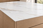 Louiskin sintered stone countertop with a slim 12 mm exposed edge above wood drawers
