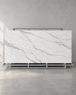 Louiskin white grey and gold veined full slab on a complete steel A-frame