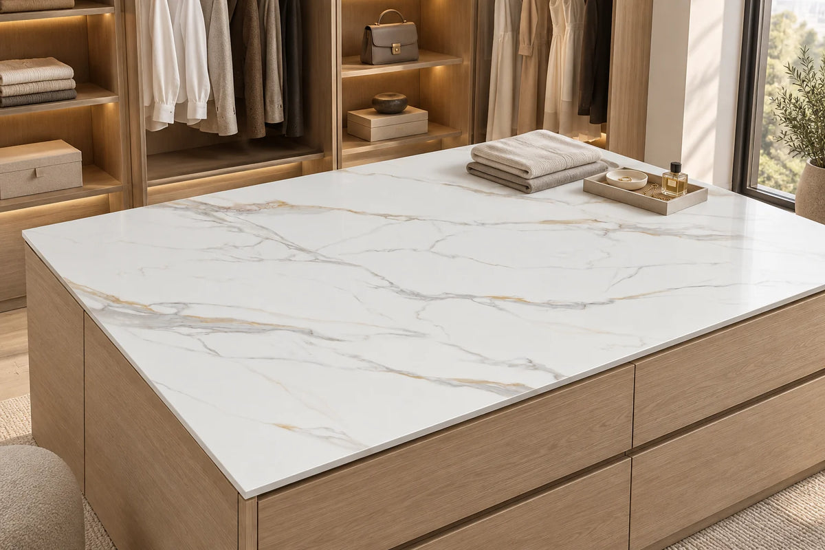 Louiskin white grey and gold sintered stone top on a wood dressing room island