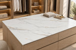Louiskin white grey and gold sintered stone top on a wood dressing room island