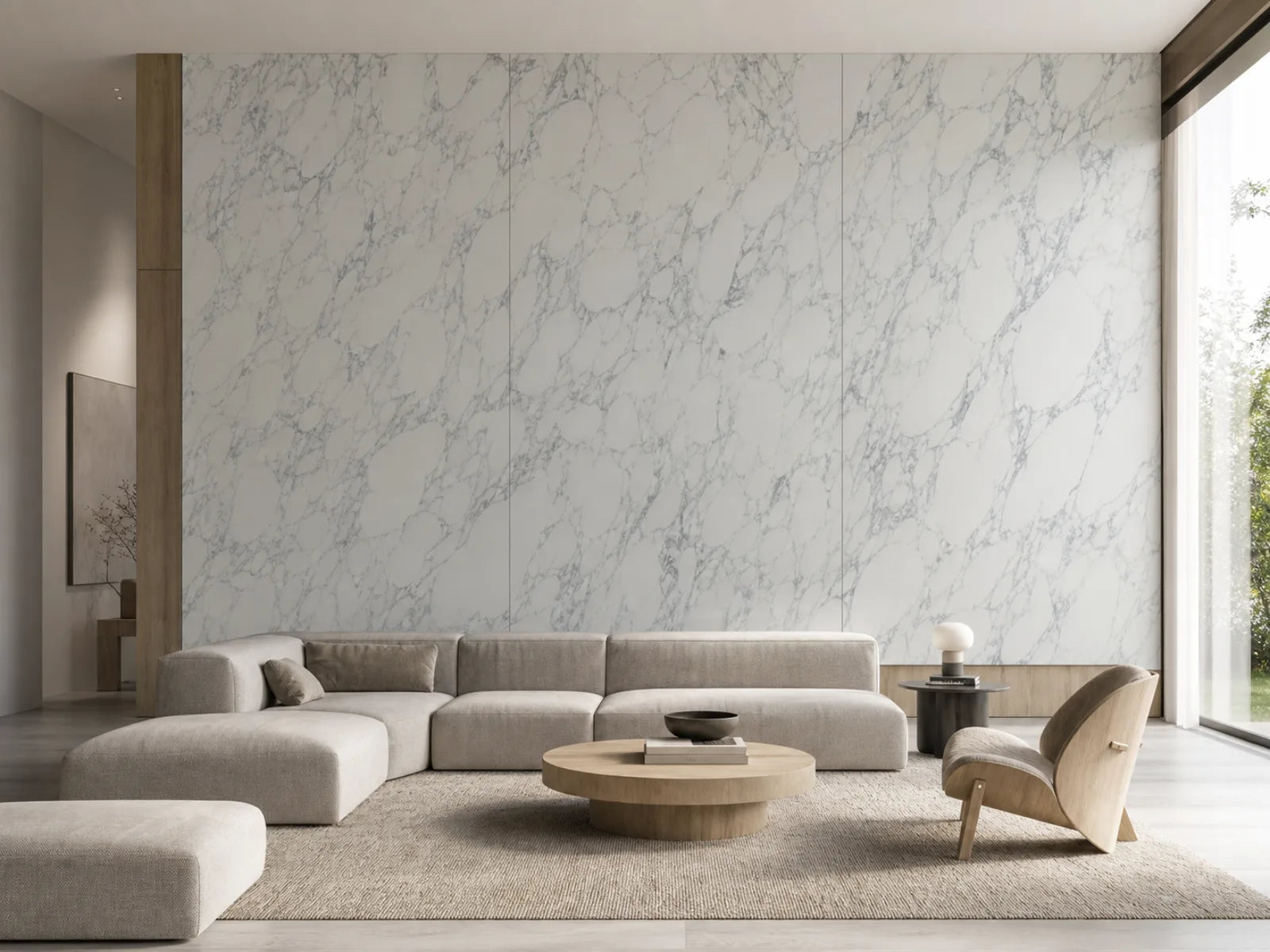 Large modern feature wall clad in Moire Big White mesh-vein sintered stone