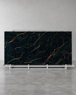 Complete Nero Portoro black and gold sintered stone slab on a full A-frame