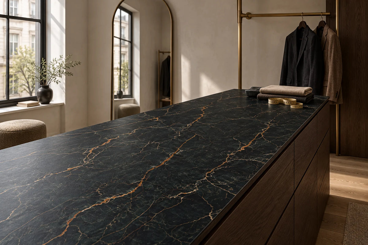 Nero Portoro black and gold sintered stone counter in a tailoring studio