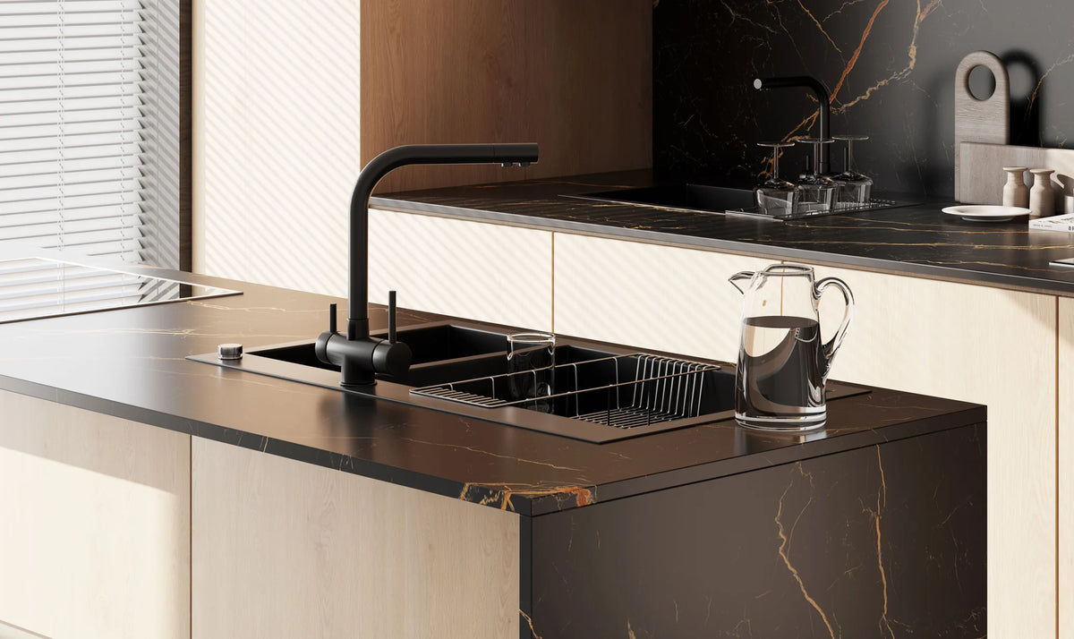 Nero Portoro sintered stone kitchen island, countertop and splashback with fine gold veins