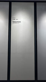 Oatmeal Cream sintered stone showroom display board with glossy slab label
