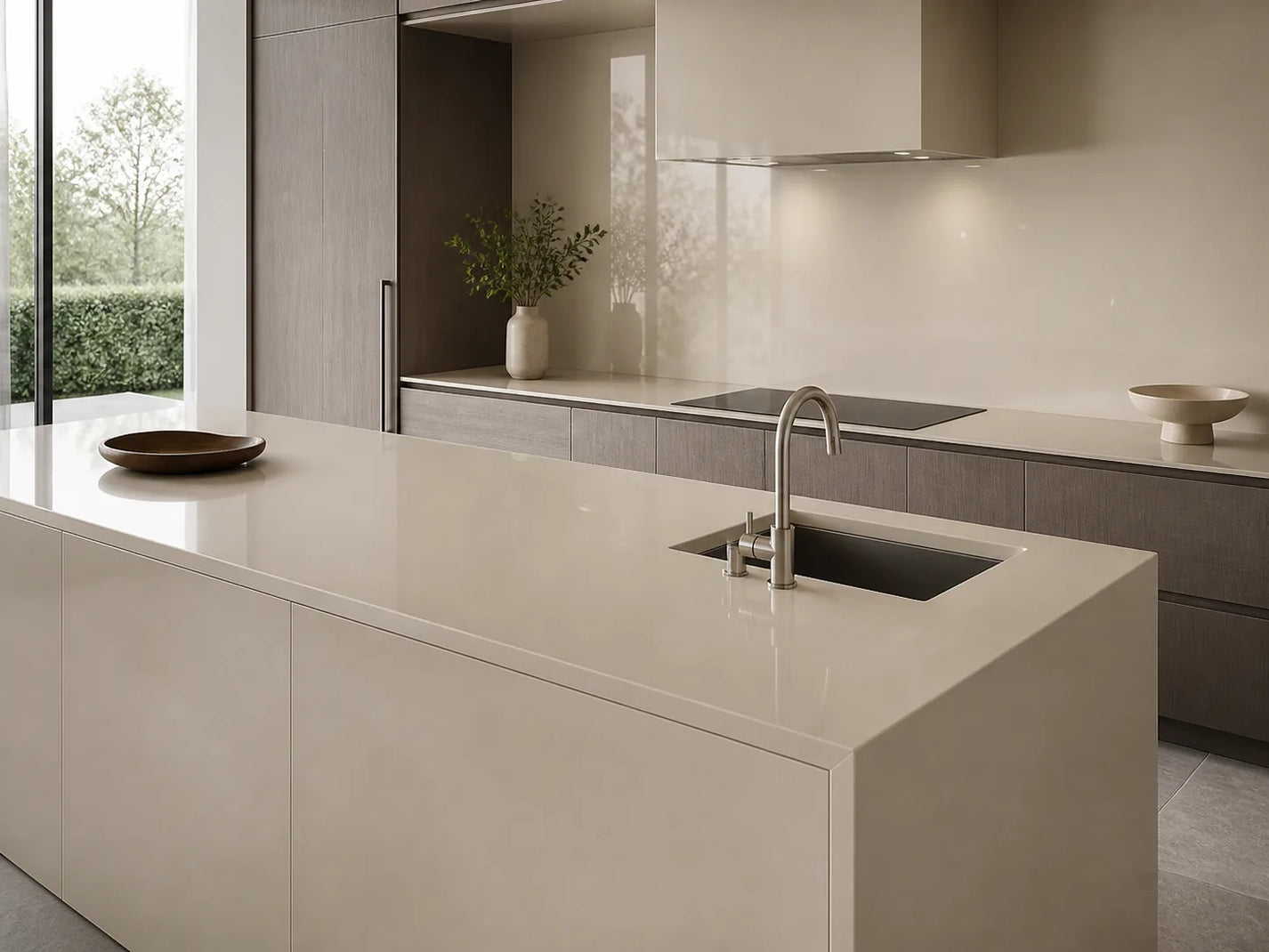 Oatmeal Cream glossy sintered stone used on a modern kitchen island and backsplash