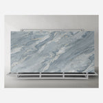 Palissandro Blue full-body sintered stone slab displayed on its complete metal A-frame rack