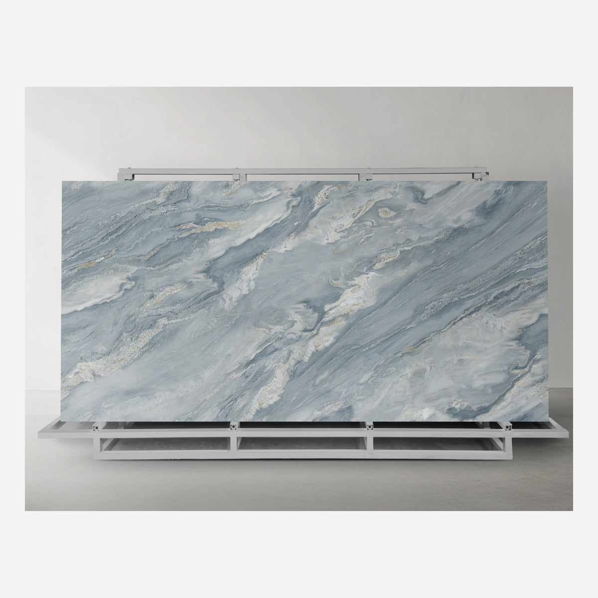Palissandro Blue full-body sintered stone slab displayed on its complete metal A-frame rack