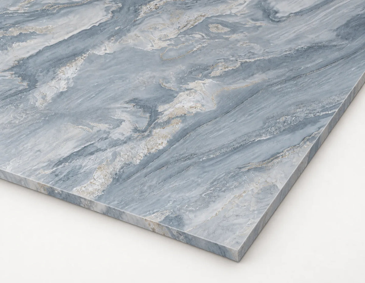 Close view of Palissandro Blue sintered stone surface and slim full-body edge