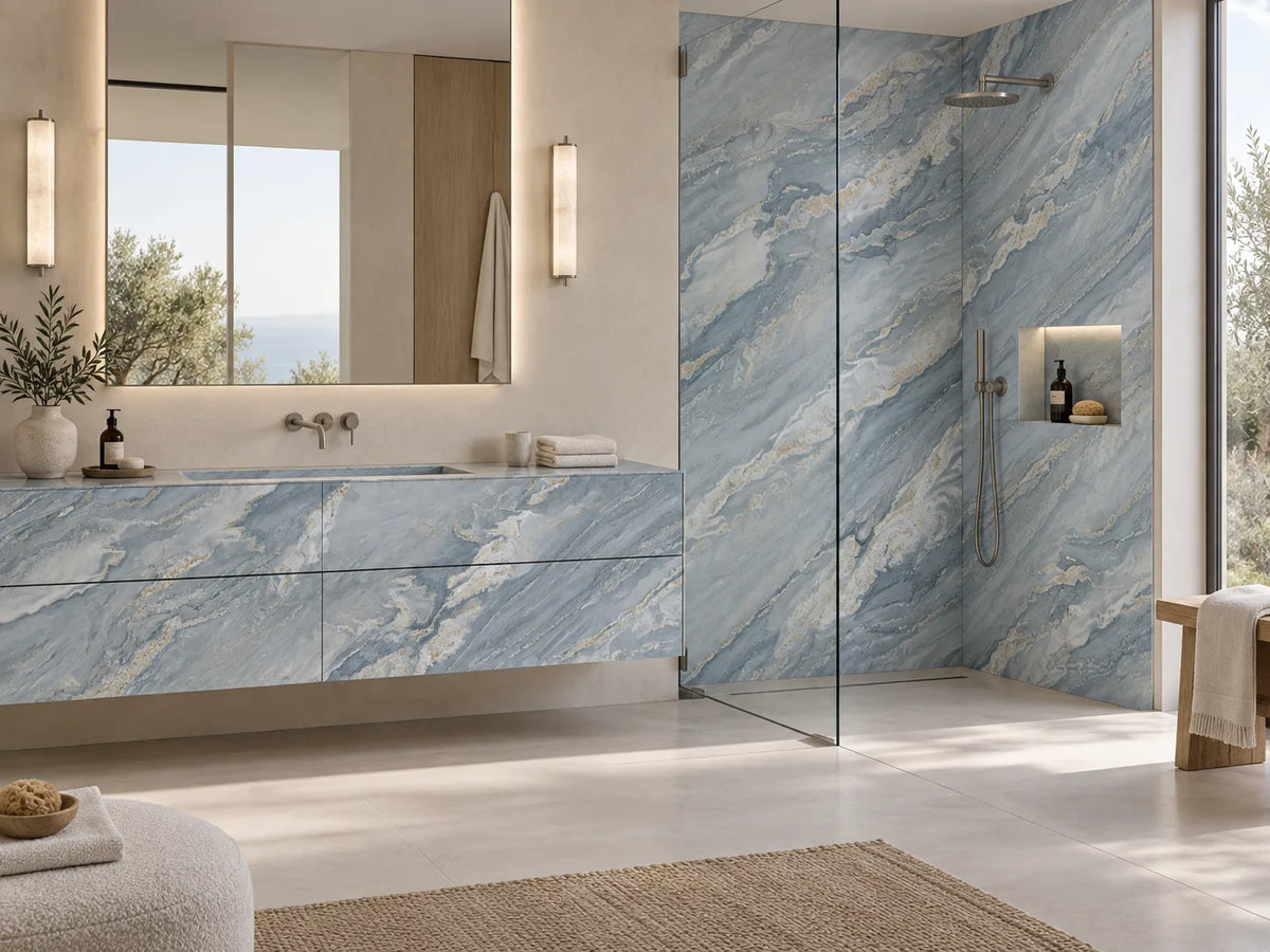 Palissandro Blue sintered stone used on a spa bathroom vanity and shower feature wall
