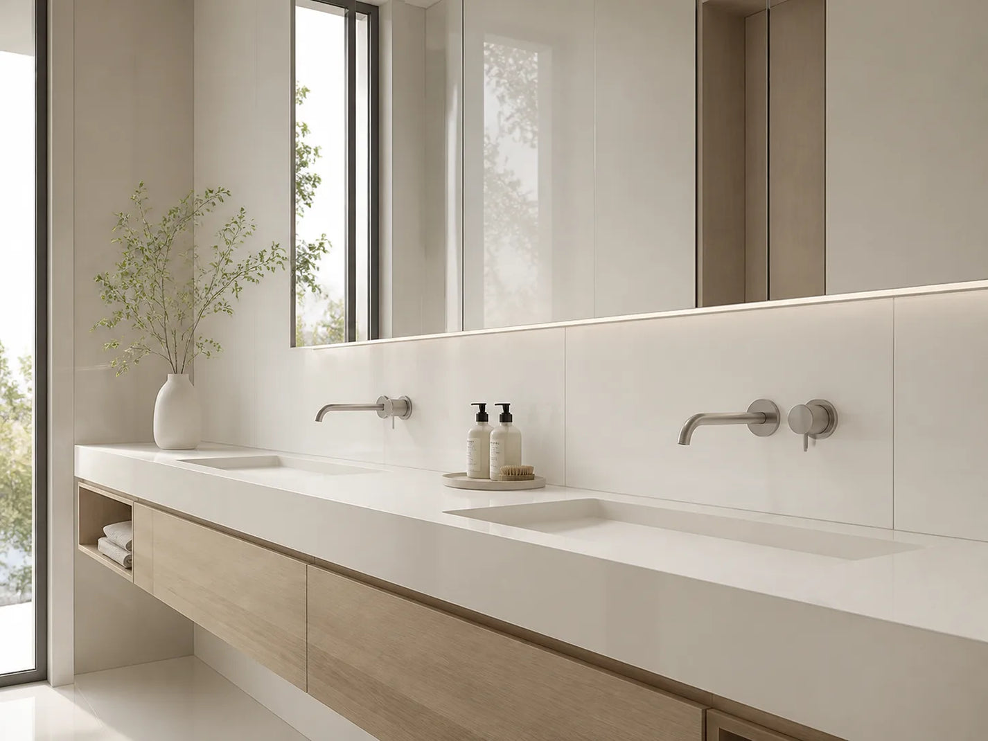 Pearl White glossy sintered stone used on a modern bathroom vanity and wall panels