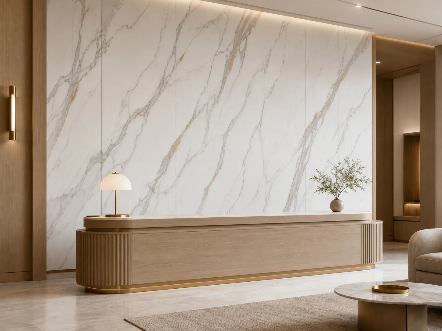 Calm hotel reception wall finished in Pestown white gold-vein sintered stone