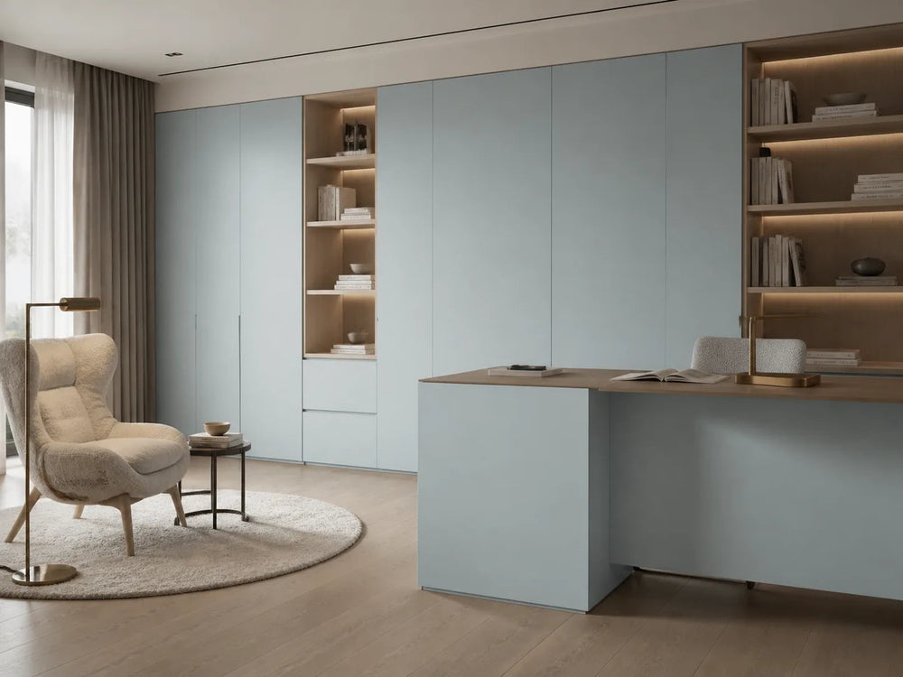 ألواح جدارية ومكتب دراسة بلون أزرق باهت بجوار رفوف خشبية — حجر ملبّد Powder Blue