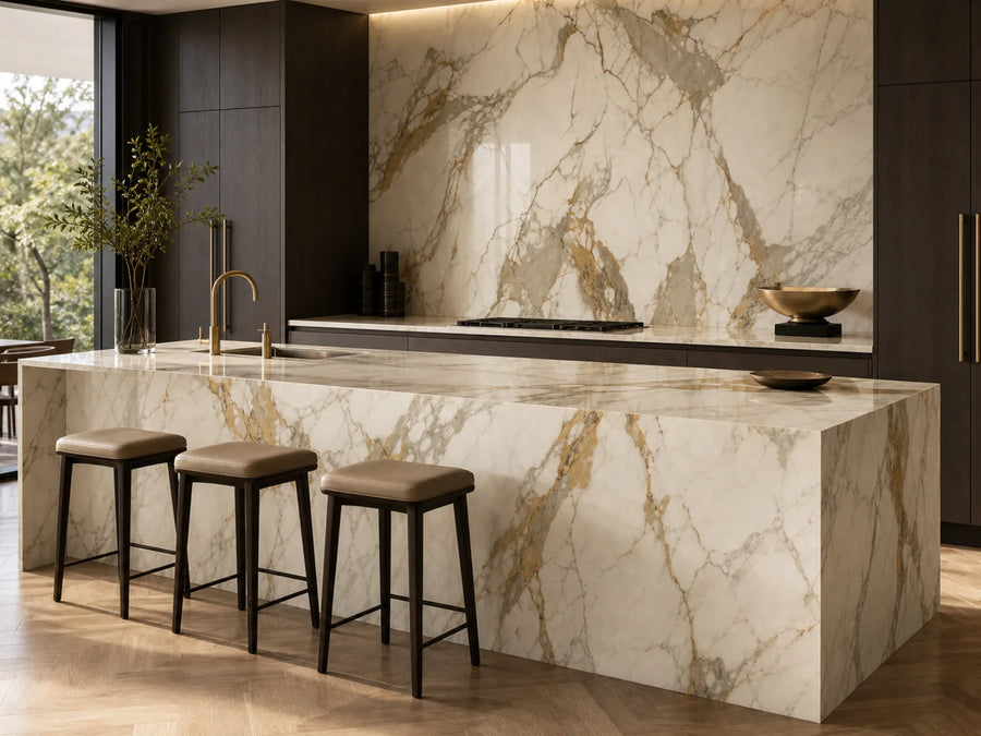 Luxury kitchen island and backsplash finished in Rapace golden sintered stone