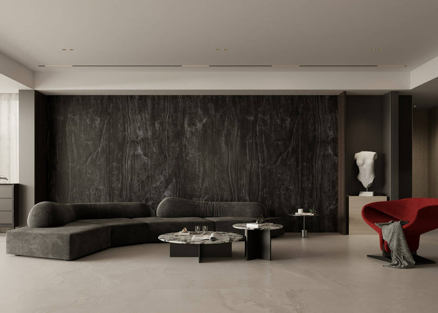 Roman Ink Jade black onyx look sintered stone feature wall in modern living room