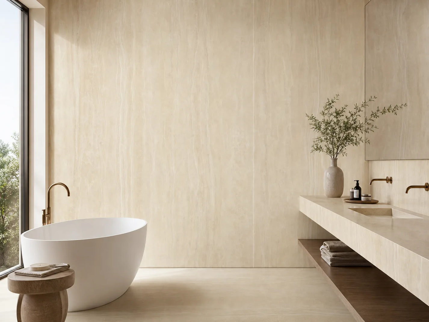 Roman Yellow Jade feature wall and vanity in a contemporary bathroom