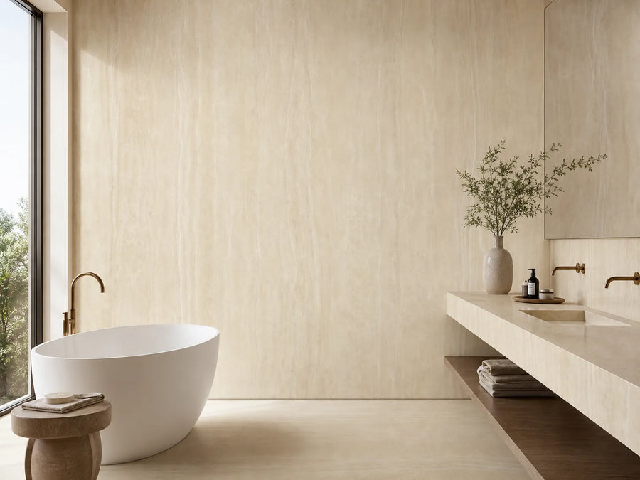 Roman Yellow Jade feature wall and vanity in a contemporary bathroom