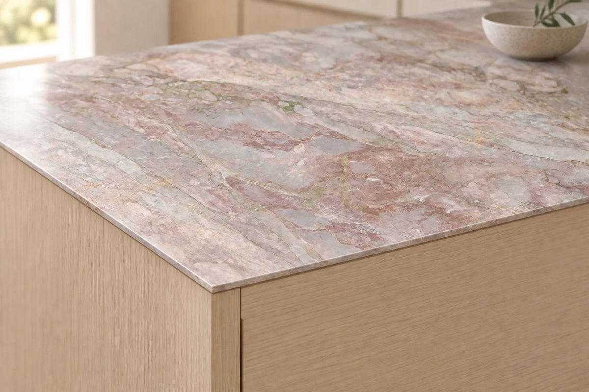 Sakura Pink sintered stone countertop with a thin 12mm edge above light wood cabinets