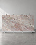 Sakura Pink sintered stone slab with soft rose and grey pattern on a complete A-frame