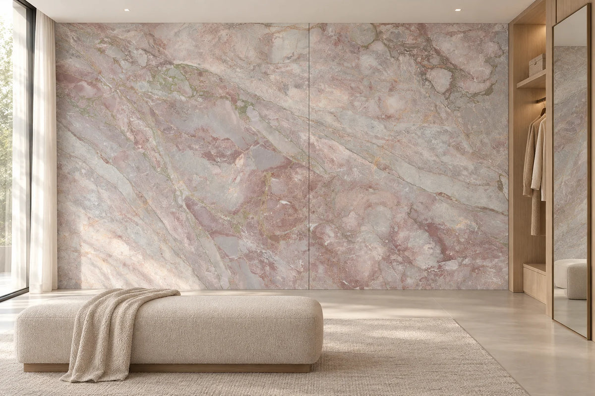 Sakura Pink sintered stone wall panels in a boutique fitting-room lounge