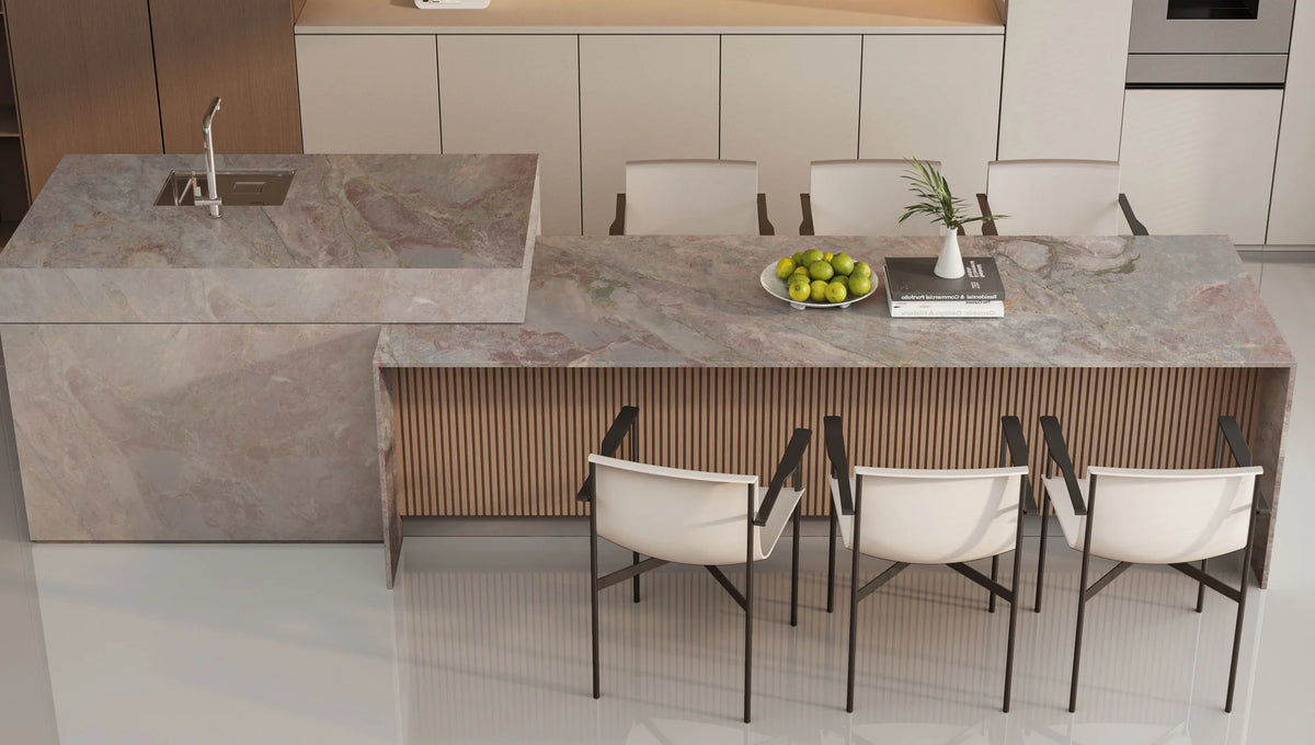 Sakura Pink sintered stone island and dining extension from the product catalogue