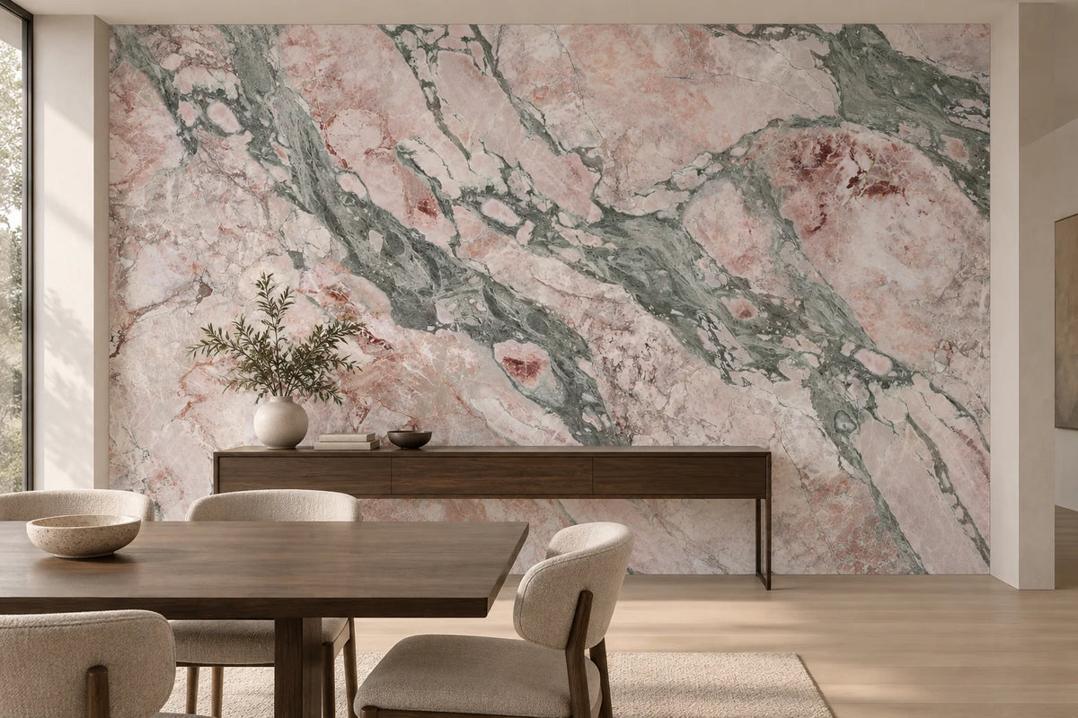 Seasons Pink sintered stone feature wall behind a dining room console