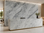 Mur d’accueil veiné gris et blanc avec un comptoir assorti — pierre frittée Sicilian Jade White Breccia Look