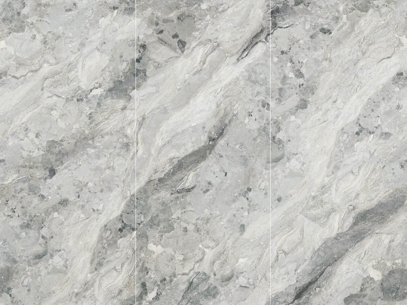 Three coordinated Sicilian Jade sintered stone faces with white and grey brecciated movement