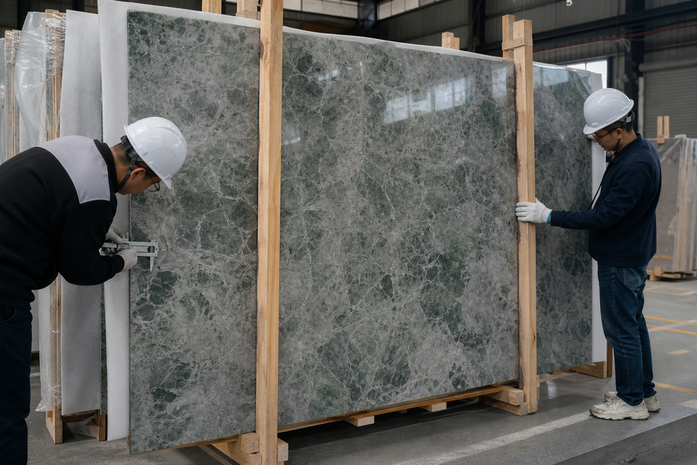 Factory team inspecting the surface of a large sintered stone slab