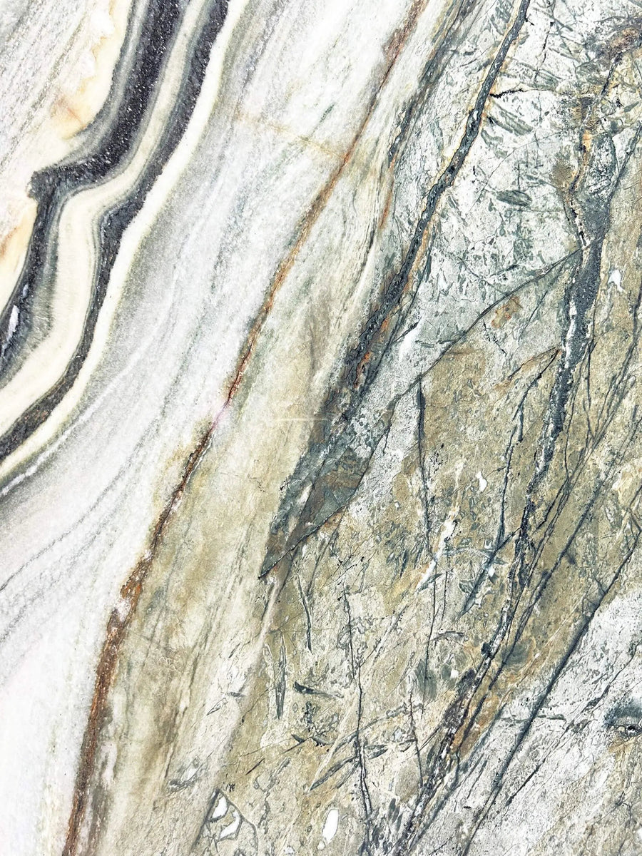 Close-up of Smoked Green sintered stone slab showing green mineral movement